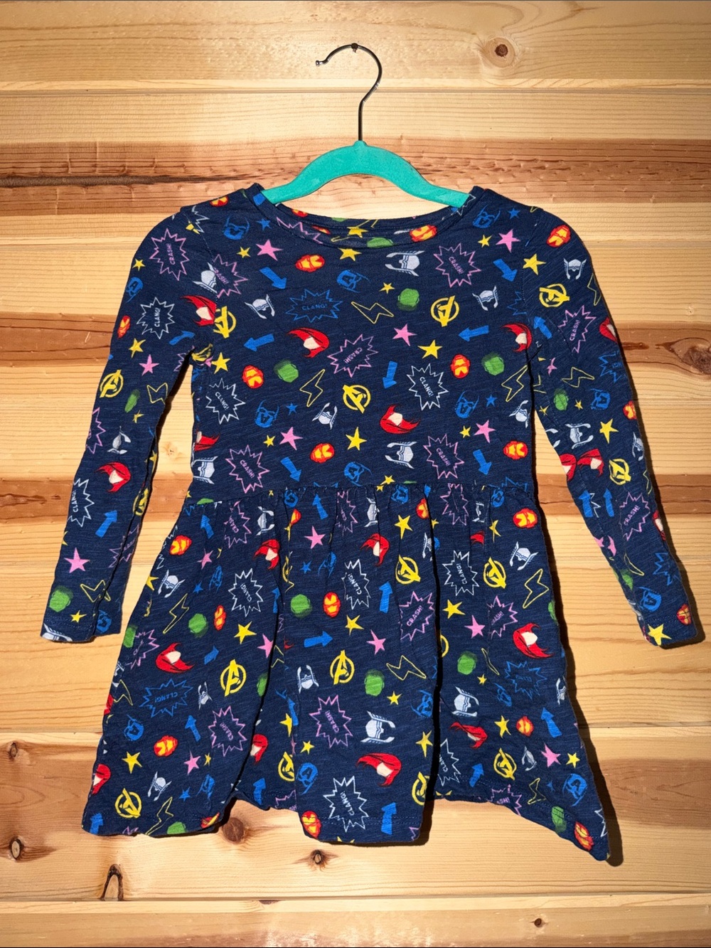Girls Navy Superhero Marvel Print Long Sleeve Dress
